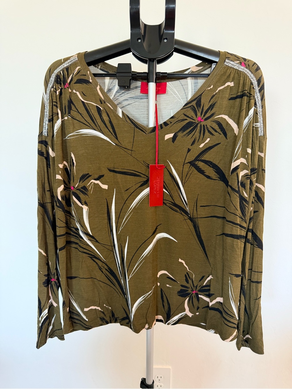 Jennifer Lopez Olive Green Floral V-Neck Long Sleeve Top